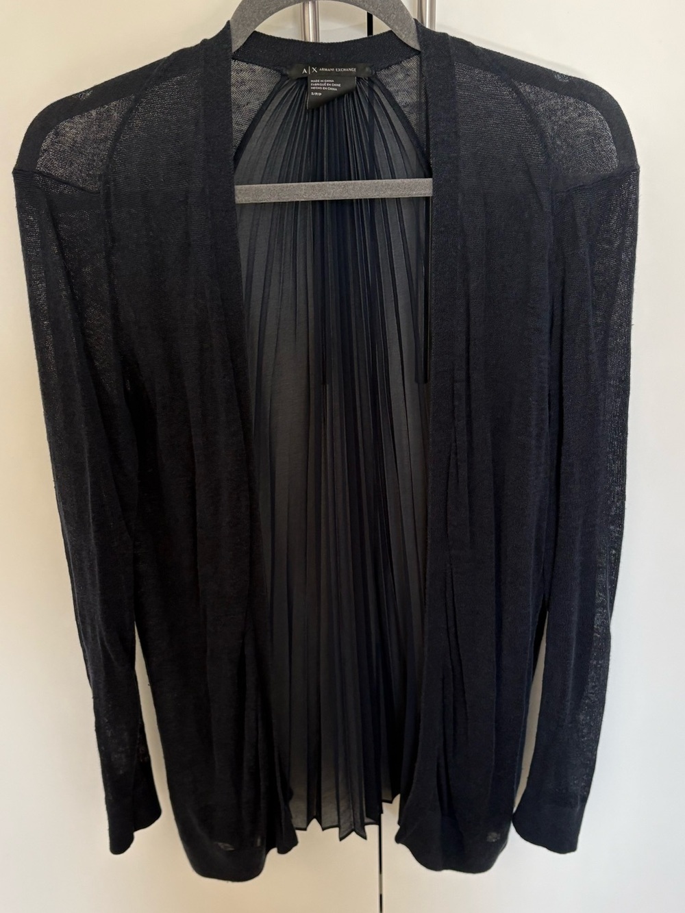 A/X Armani Exchange Navy Sheer Knit Cardigan with Pleated Back Panel
